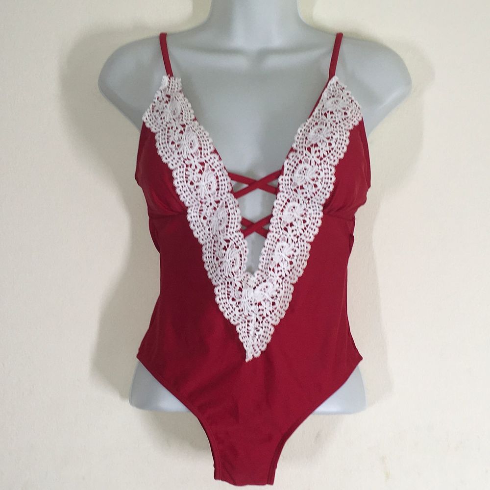 Reuter Red Once Piece Crochet Deep V NeckC